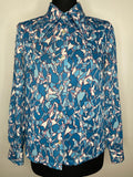 1970s Geometric Print Blue and White Dagger Collar Blouse - UK 14