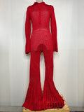 Rare Vintage 1970s Crochet Bell Sleeve Flared Jumpsuit in Red - Size UK 10