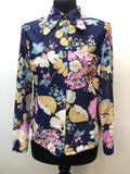 womens  vintage  top  multi  floral print  Blue  blouse  beagle collar  70s  1970s  12