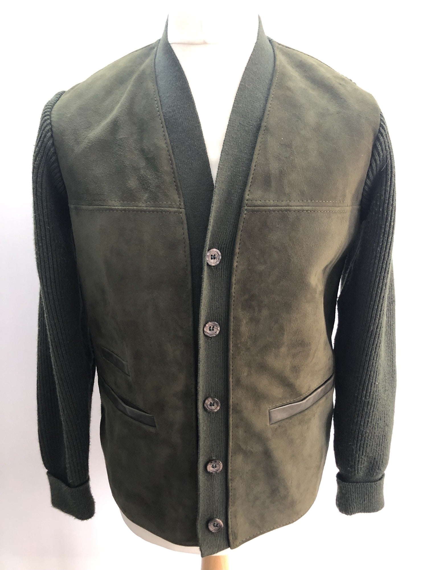 Urban Village Vintage  urban village  suede  s  pockets  mens  Mayborne of Bournemouth  long sleeve  knitted  knit  Green  front pockets  cardigan  cardi  60s  1960s