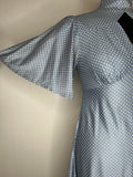 womens  white  vintage  short sleeve  print dress  polka dot  maxi dress  keyhole neckline  high neck  dress  blue  angel sleeve  8  70s  1970s