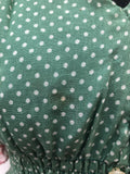 womens  vintage  Urban Village Vintage  summer dress  ruched waist  polka dot  maxi dress  long dress  lace print  hippy  hippie  Green  floral print  floral dress  floral  dress  button front  boho  bohemian  angel sleeve  8  70s  1970s