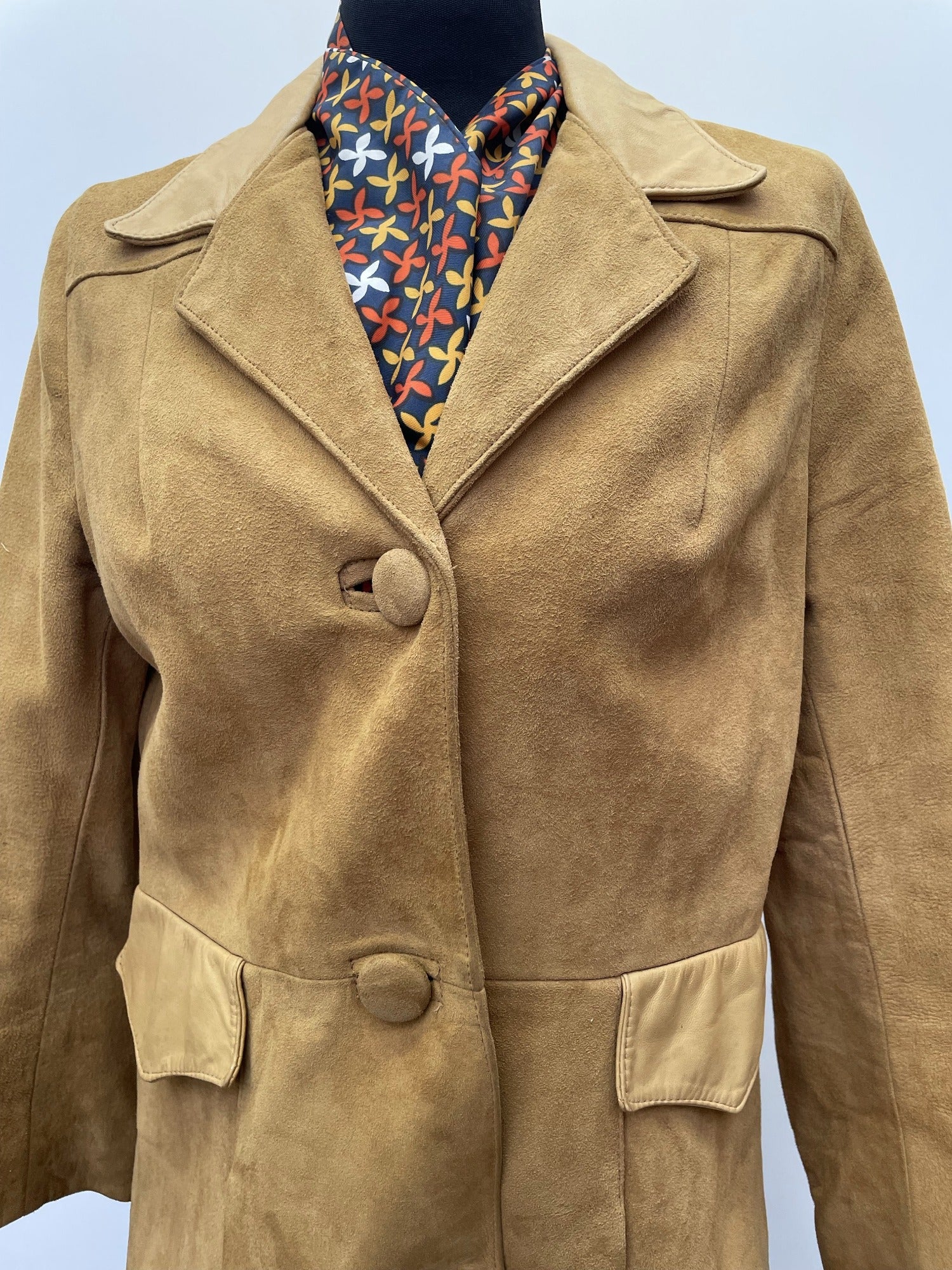 Yellow  womens coat  womens  vintage  Urban Village Vintage  urban village  Suede Jacket  Suede  mustard  midi  long sleeve  leather trim  Leather Coat  Leather  lapels  coat  brown  60s  1960s  12  10/12  10
