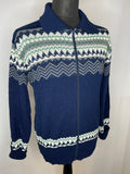 Vintage 1970s Fair Isle Knitted Cardigan in Navy Blue - Size L