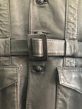 vintage  Urban Village Vintage  urban village  swear and wells  safari  s  pockets  mens  long sleeve  Leather Jacket  Leather  front pockets  chest pockets  Black Leather  Black Jacket  black  Belted waist  belted jacket  belted  belt  70s  1970s