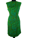 Vintage 1960s Paisley Patterned Sleeveless Dress in Green by Rembrandt - Size UK 12