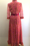 zip back  zip  womens  vintage  v-neck  Urban Village Vintage  urban village  straps  retro  pink  long sleeve  Jean Allen  frill detail  dress  bow detail  back zip  70s  1970s  10