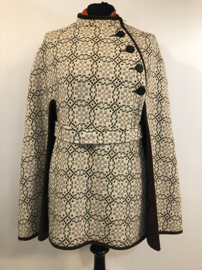 womens  Winter Jacket  Winter Coat  winter  Welsh Woollens  welsh wool  welsh  waist belt  vintage  Urban Village Vintage  tapestry  S  MOD  Eclipse  cream  cape  brown  60s  1960s