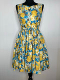 8  yellow  womens  vintage  swing dress  spring  rose print  rockabilly  fitted waist  dress  day dress  cotton dress  brilkie  blue  50s  1950s