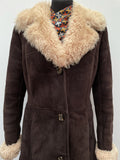 womens coat  womens  Winter Coat  vintage  Urban Village Vintage  urban village  stitch detailing  stitch detail  Sheepskin  shearling  long sleeve  long length coat  long coat  Jacket  dark brown  coat  button down  brown stitch  brown  8  60s  1960s