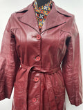 womens  vintage  Urban Village Vintage  urban village  retro  pockets  long sleeve  Leather Jacket  Leather detailing  Leather Coat  Leather  lapels  Jacket  button down  burgundy  belted jacket  belted  70s  1970s  10