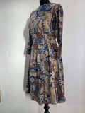 womens  winter dress  vintage  retro  long sleeve  high neck  ethnic print  ethnic  dress  brown  blue  autumn dress  60s  1970s  1960s  12  10-12  10