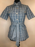 1970s Dagger Collar Short Sleeve Check Blouse - Size UK 10