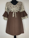 1960s Brown Lurex Daisy Print Bell Sleeve Micro Mini Dress - UK 8