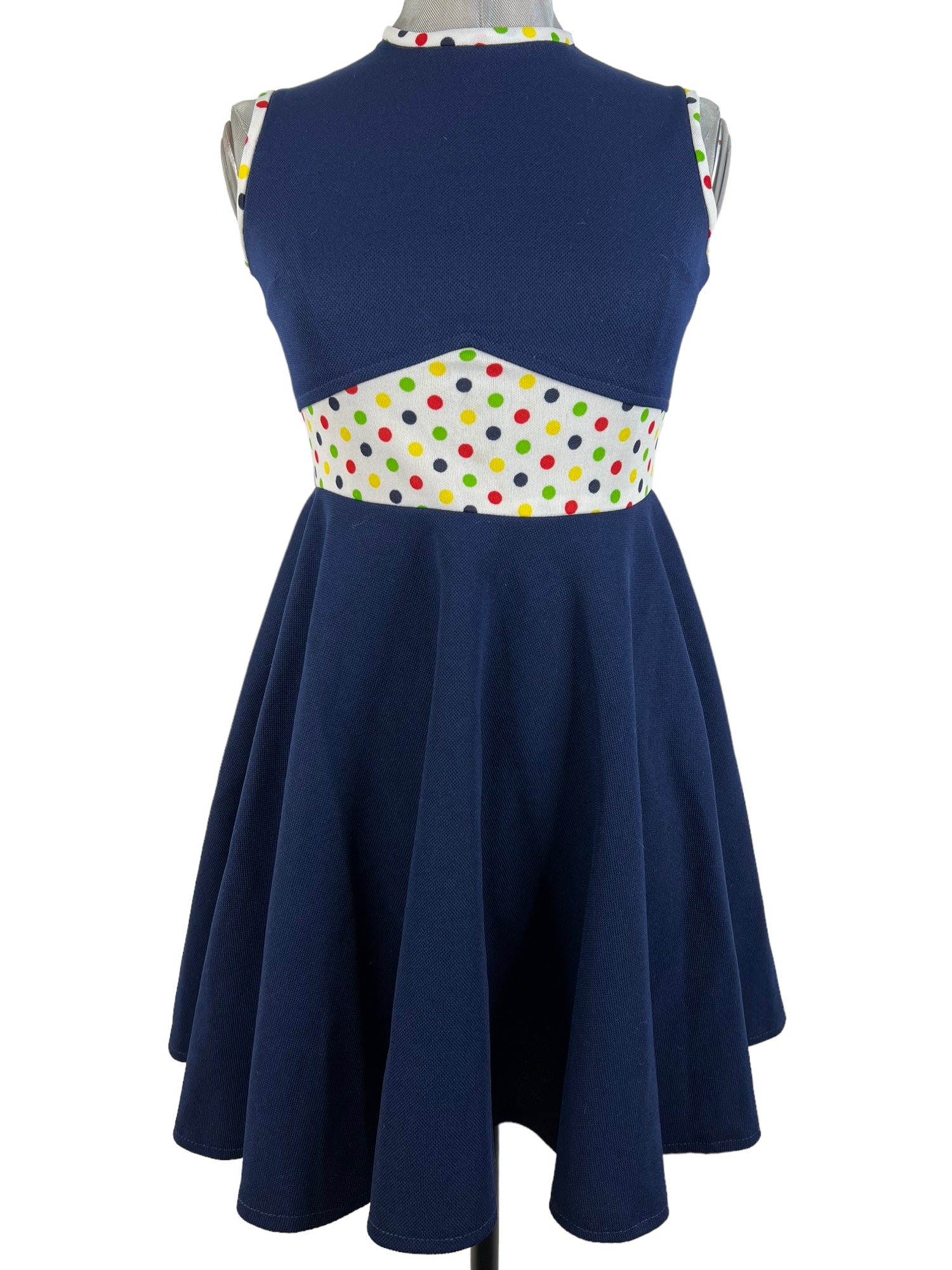Vintage 1960s Fit and Flare Polka Dot Mini Dress in Navy Blue by