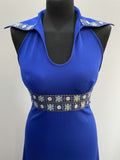 studio 54  disco  womens  vintage  royal blue  retro  party  open neck  open collar  norwegian  nordic  maxi dress  maxi  long dress  halter neck  halter  glam  festive  evening dress  dress  dagger collar  cobalt  blue  70s  1970s