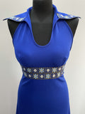 1970s Royal Blue Open Collar Halter Neck Maxi Dress - Size UK 6