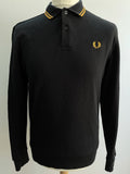 Mens Fred Perry Black Twin Tipped Long Sleeve Polo Shirt - Size M