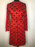 1970s Triangle Pattern Long Sleeve Dress in Red - Size UK 16
