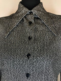 womens  vintage  Urban Village Vintage  urban village  Stripes  silver  shimmer  retro  metallic stitch  metallic  lurex  long sleeve  Jacket  high neck  evening blouse  dagger collar  dagger  collar  blouse  black  70s  1970s  12