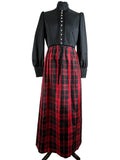 womens  vintage  velvet trim  tartan  sleeveless  retro  maxi dress  maxi  high neck  dress  decorative buttons  check  button cuffs  button cuff  black velvet trim  black  balloon sleeves  balloon sleeve  60s  1960s  12