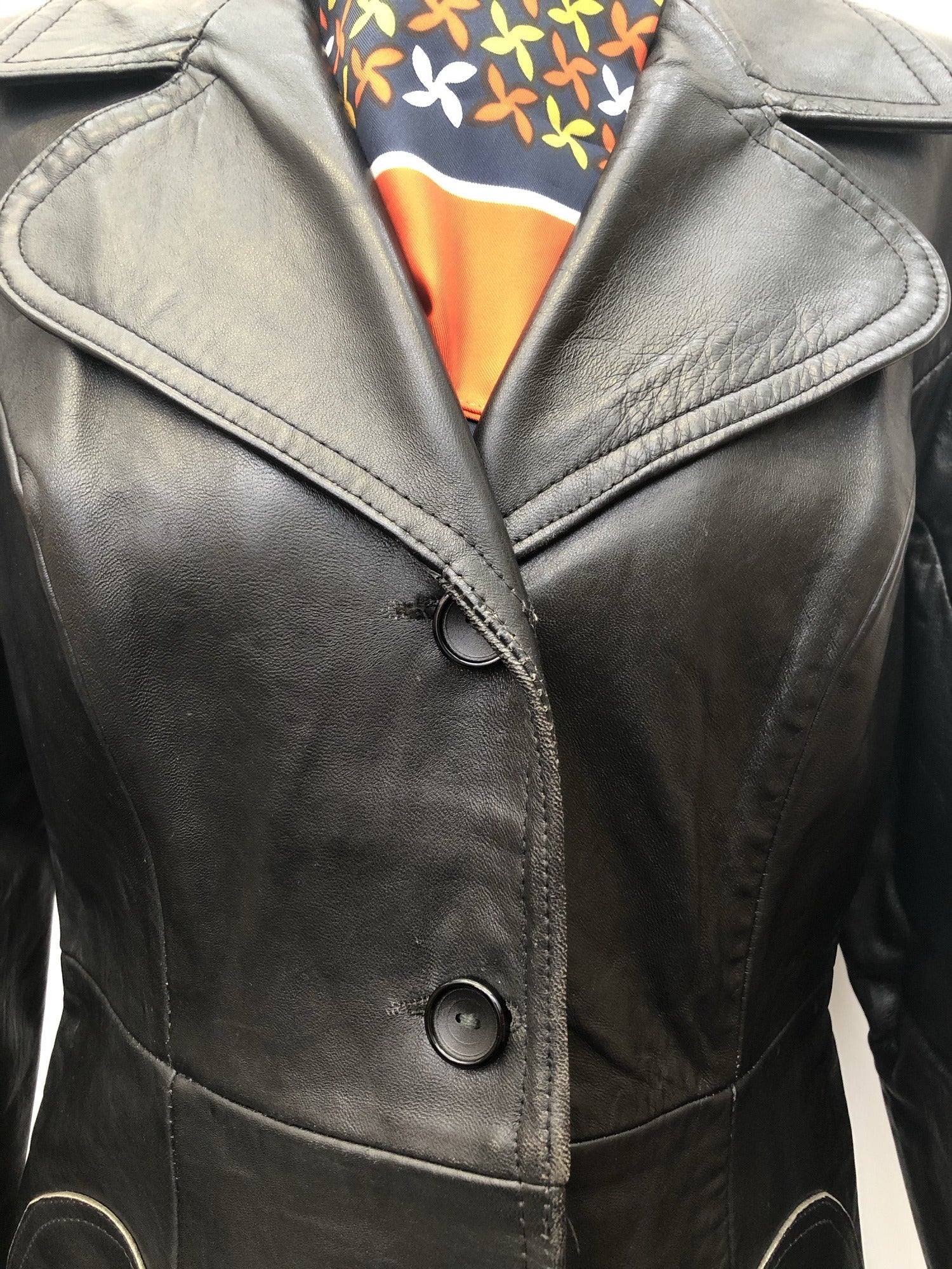 Womens Vintage 1970s Black Leather Jacket Suede Centre Swear & Wells Size 12 long length 70s circular pockets collared design button front - Urban Village Vintage