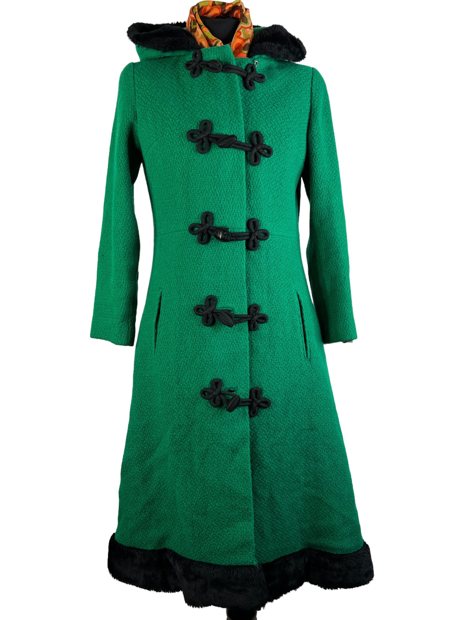 Vintage 1960s Hooded Faux Fur Trim Toggle Princess Coat in Green