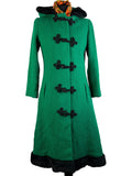 Vintage 1960s Hooded Faux Fur Trim Toggle Princess Coat in Green by Birds of Britain - Size UK 10