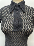 womens  vintage  Urban Village Vintage  urban village  Three Button  summer blouse  summer  short sleeved  short sleeve  sheer  semi sheer  retro  polo top  polo shirt  polo  patterned  pattern  nylon barfus  netted  collared  collar  button up  button  blouse  black  big collar  Beagle collar  8  60s  3 button  1960s