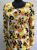 Yellow  womens  white  vintage  Urban Village Vintage  triangle print  retro  psychedelic  psych  print dress  orange  navy  multi  MOD  dress  decorative buttons  circle print  bow detail  60s  1960s  12