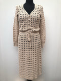 womens  vintage  Urban Village Vintage  tie waist  summer dress  patterned dress  midi dress  metallic stitch  metallic  gold thread  gold metallic  dress  decorative buttons  Crochet knit  cream  button detail  70s  1970s  10