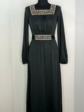Vintage 1970s Medieval Balloon Sleeve Floral Embroidered Maxi Dress in Black - Size UK 8