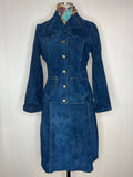 Vintage 1970s Suede Two Piece Jacket and Skirt Set in Blue - Size UK 8