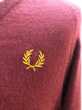 vintage  V-Neck  Urban Village Vintage  urban village  red  mens  m  logo  lambswool  knitwear  knitted  knit  Fred Perry  embroidered logo  burgundy logo  burgundy