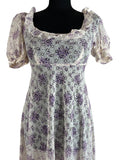 Vintage 1970s Puff Sleeve Floral Lace Maxi Dress in White and Purple - Size UK 8