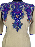 12  UK  womens  vintage  tie front  three quarter sleeve  style  retro  purple print  multi  light knitwear  ladies  Koupy Boutique  fashion  ethnic print  dress  clothing  clothes  beige  70s  1970s