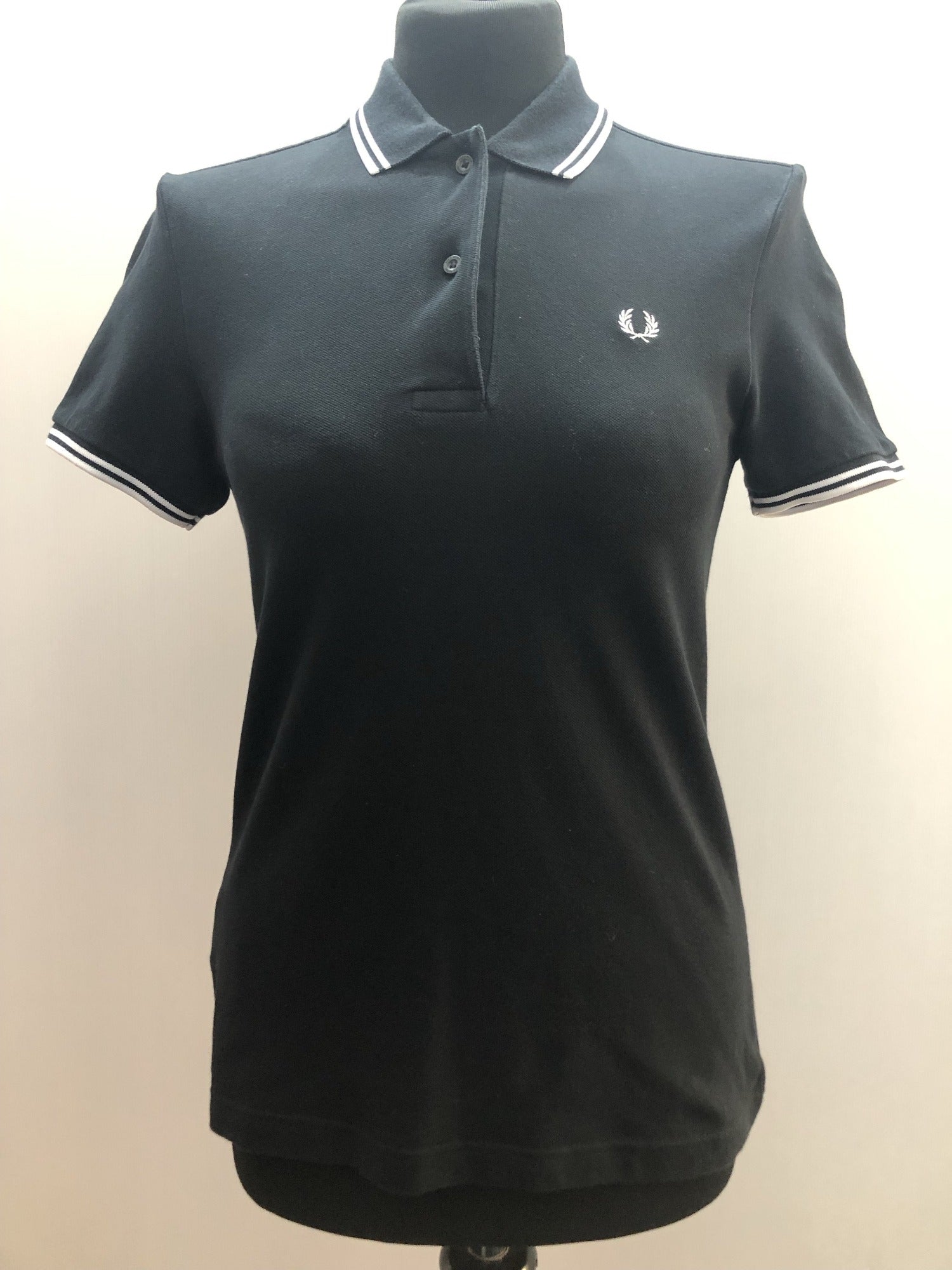 womens  Urban Village Vintage  T-Shirt  striped  polo top  polo  MOD  Fred Perry  embroidered logo  black  8