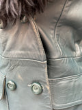 womens  waist belt  vintage  Urban Village Vintage  urban village  sheepskin collar  Sheepskin  real fur  pockets  long sleeve  leather trim  leather stitch  Leather Jacket  Leather Coat  Leather  Jacket  Green  fur  cuffs  collar  button down  button  belted jacket  belted  70s  1970s  12