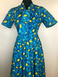 zip  womens  vintage  Urban Village Vintage  urban village  summer dress  side zip  shirt waist  sailor collar  print  pleat detail  floral dress  dress  bow tie collar  blue  50s  1950s  10