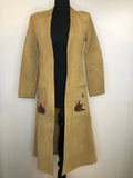 womens  vintage  Urban Village Vintage  Suede Jacket  suede fringing  Suede  retro  open design  MOD  long jacket  lining  leather detailing  Jacket  fringed  fringe  camel  brown  beige  70s  70