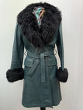 womens  waist belt  vintage  Urban Village Vintage  urban village  sheepskin collar  Sheepskin  real fur  pockets  long sleeve  leather trim  leather stitch  Leather Jacket  Leather Coat  Leather  Jacket  Green  fur  cuffs  collar  button down  button  belted jacket  belted  70s  1970s  12