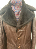 wooden buttons  Winter Coat  winter  vintage  Urban Village Vintage  urban village  soft leather  Sherpa  pockets  mens  M  long sleeve  Leather Jacket  Leather Coat  Leather  Jacket  collar  button down  button  brown leather  brown  belted dress  70s  1970s