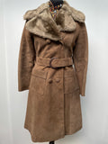 womens coat  womens  welbar  waist belt  vintage  Suede Jacket  Suede  silk  sand  MOD  mink  made in england  long sleeve  long length coat  long coat  light brown  faux fur  faux collar  faux  decorative buttons  coat  button front  button detail  button  brown  Belted waist  belted jacket  belted  8  60s  1960s