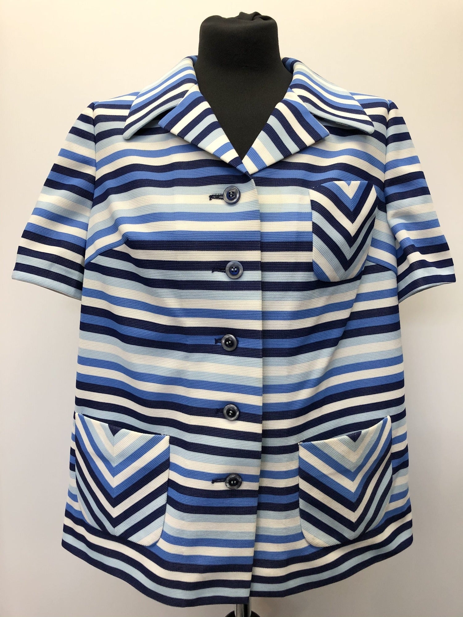 Womens 1960s / 1970s Eastex Short Sleeve Striped Collar Blouse / Top - Blue - Size 12 / 14 - Urban Village Vintage 