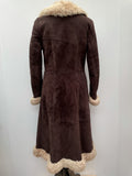 womens coat  womens  Winter Coat  vintage  Urban Village Vintage  urban village  stitch detailing  stitch detail  Sheepskin  shearling  long sleeve  long length coat  long coat  Jacket  dark brown  coat  button down  brown stitch  brown  8  60s  1960s