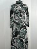 Vintage 1970s Print Glitter Lurex Roll Neck Maxi Evening Dress in Grey and Black - Size UK 10