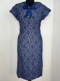 Vintage 1960s Lace Bow Front Evening Dress in Navy Blue and Pink - Size UK 8