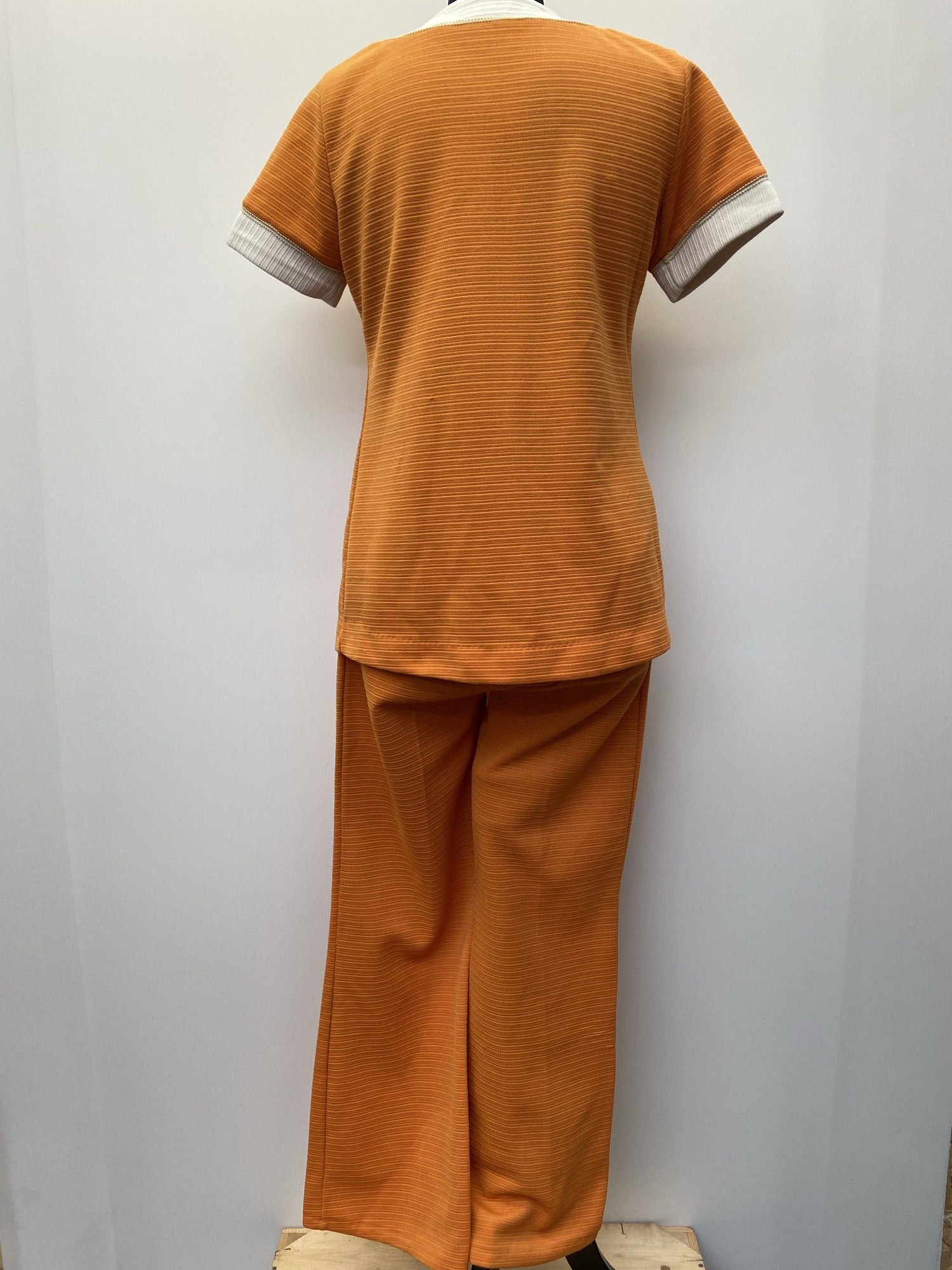 vintage 60s 1960s mod suit set trousers flared wide leg top tunic short sleeved orange white rare urban village womens clothing