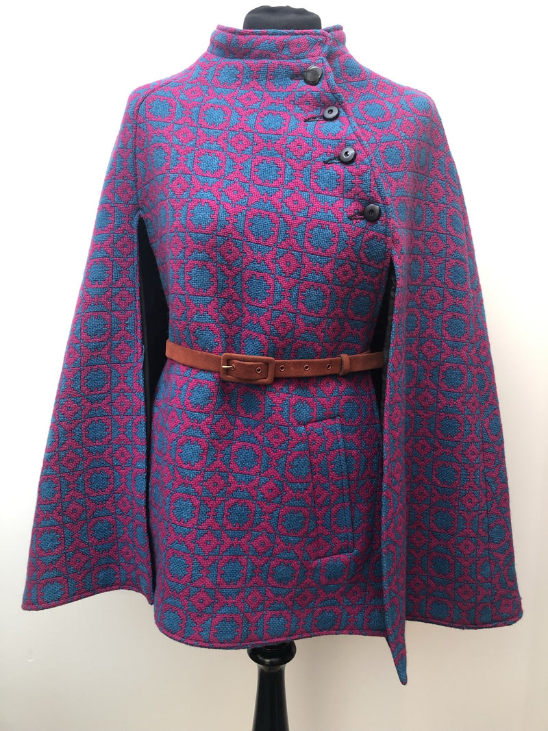 womens  Welsh Woollens  welsh wool  welsh  vintage  Turquoise  turqoise  tapestry  S  pink  multi  MOD  cape  60s  1960s