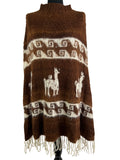 Vintage 1970s Peruvian Alpaca Patterned Long Length Fringed Poncho in Brown - Size S